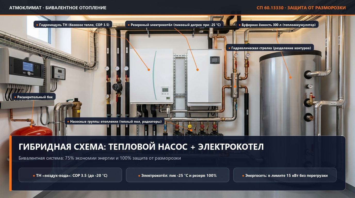 Тепловой насос против электрокотла: почему идеальна гибридная схема и как защитить дом от разморозки