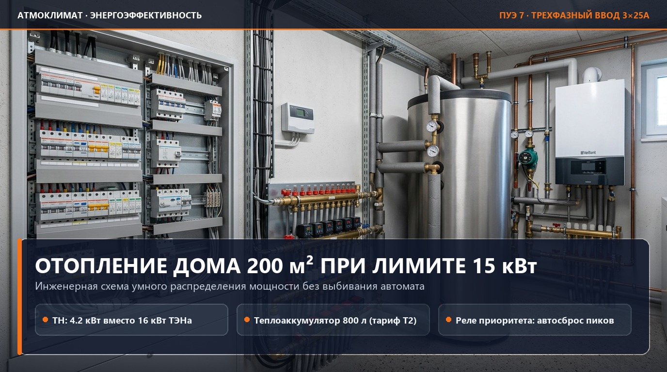 Отопление коттеджа 200 м² при лимите 15 кВт: как не выбивать вводной автомат зимой