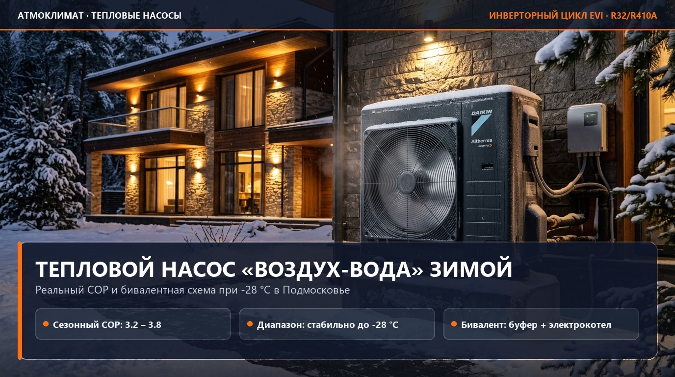 Тепловой насос «воздух-вода» при -28°C в Подмосковье: мифы, реальный COP и бивалентная схема