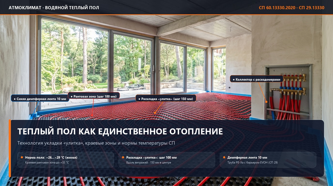Водяной тёплый пол как единственное отопление в доме: реальный расчет, нормы СП и частые ошибки
